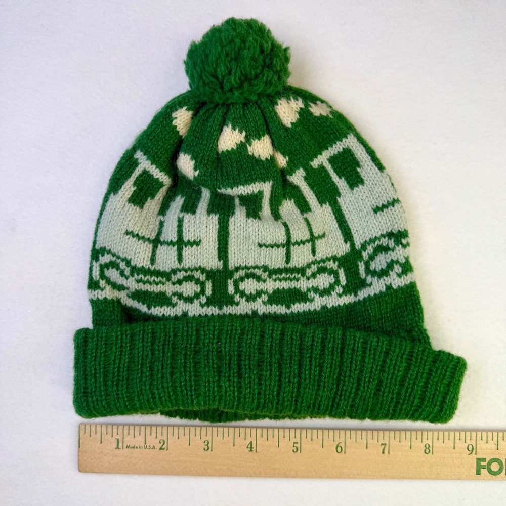 Kids Wool Beanie Cotswold Woolen Weavers Green Train Design - Picture 3 of 3
